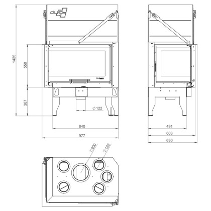 Focar UNIFLAM 860 14 KW  cu usa ridicare verticala si aer exterior cu geam lateral stanga